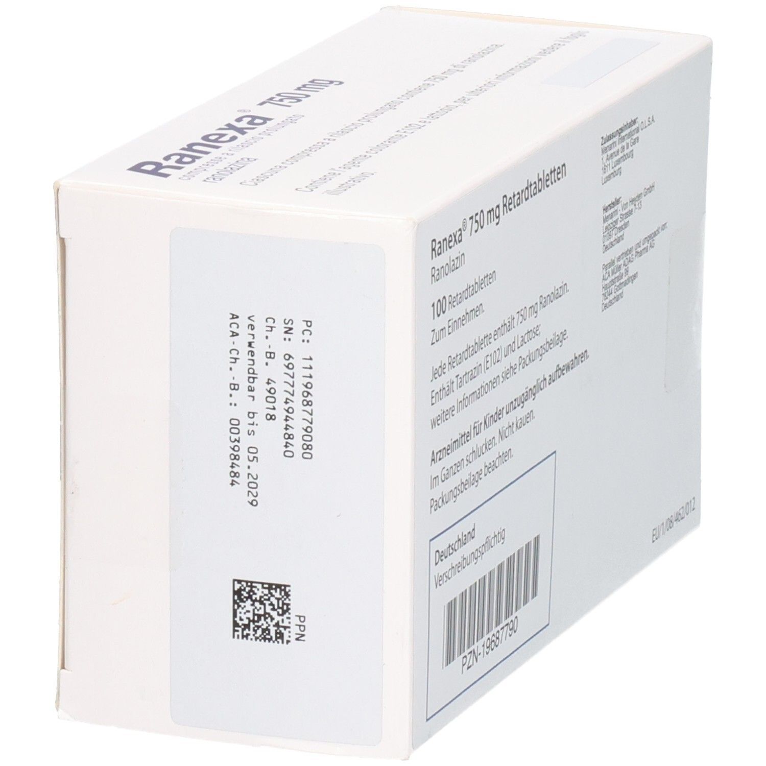 Seitenansicht der Schachtel RANEXA 750 mg Retardtabletten. Barcode, PZN-Nummer und weitere Informationen.