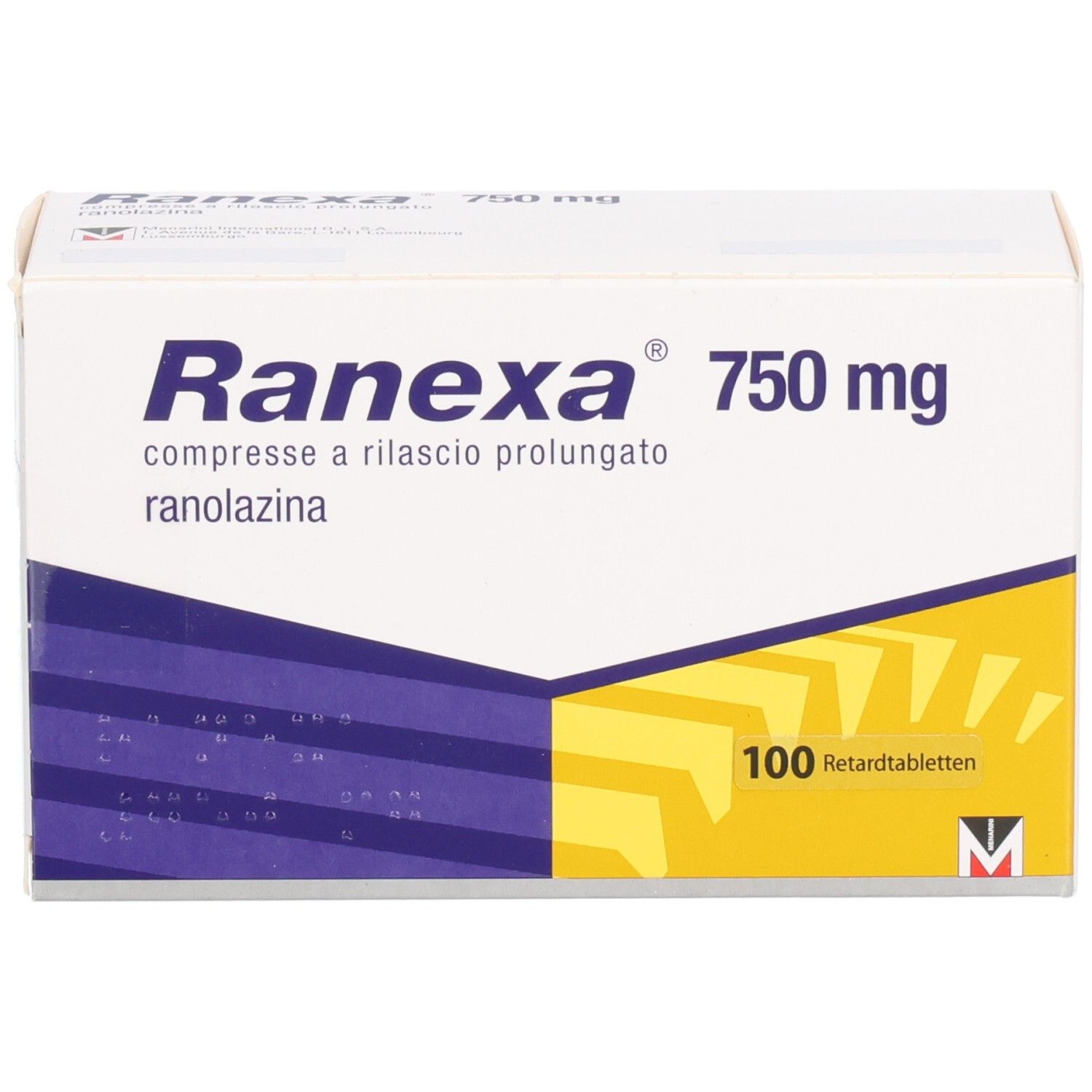 Schachtel RANEXA 750 mg Retardtabletten. Aufschrift: Ranexa, 750 mg, 100 Retardtabletten. Lila und gelbe Muster.
