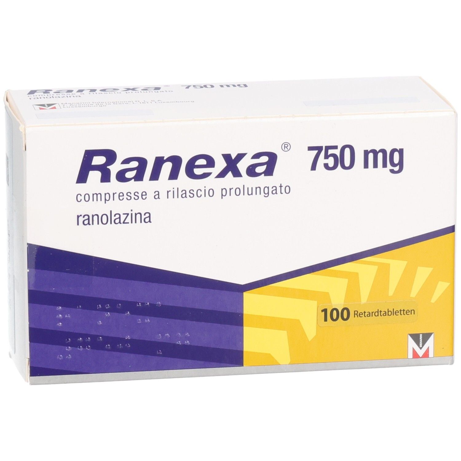 Schachtel RANEXA 750 mg Retardtabletten. Aufschrift: Ranexa, 750 mg, 100 Retardtabletten. Lila und gelbe Muster.