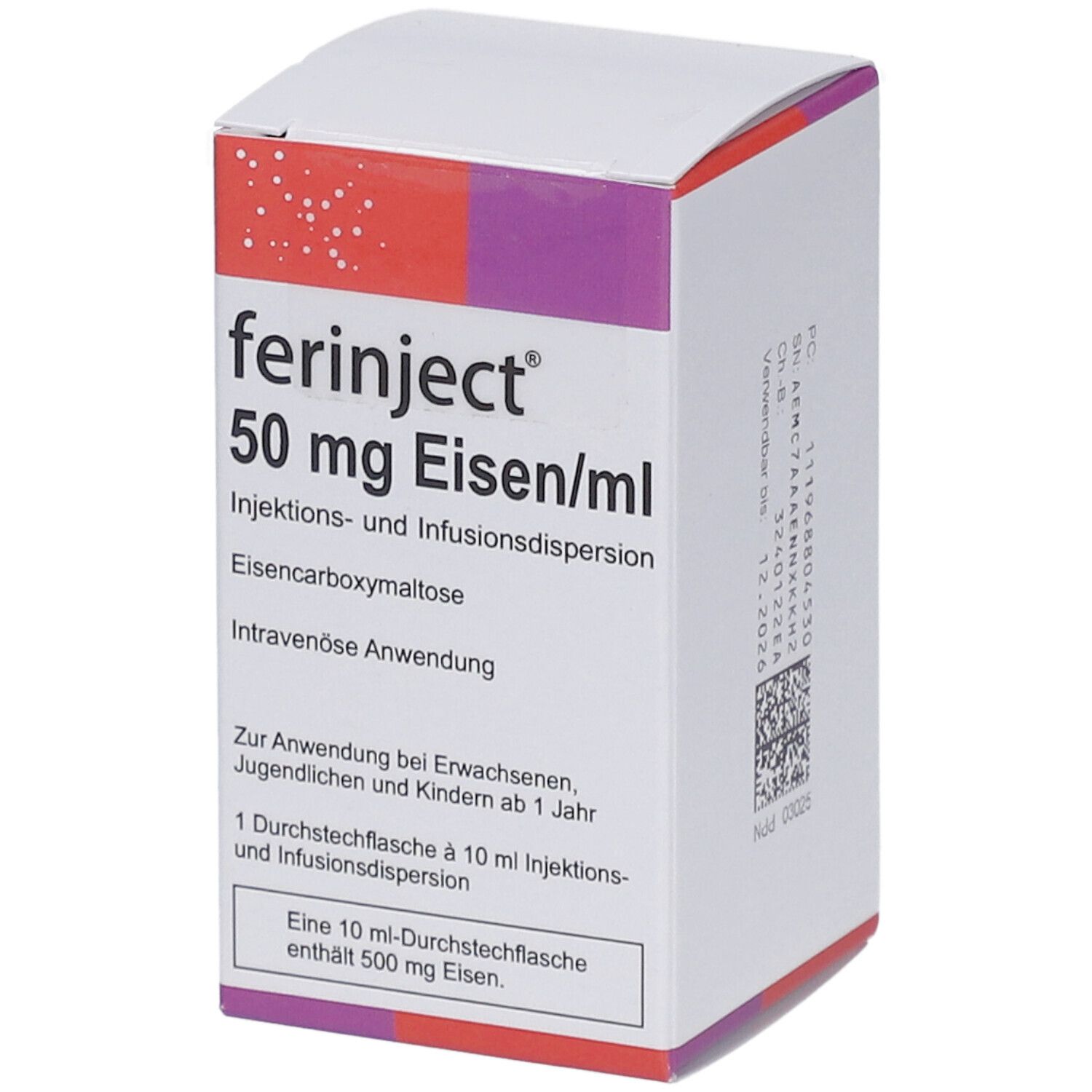 Karton von Ferinject 50 mg Eisen/ml. Aufschrift: Injektions- und Infusionsdispersion. Enthält Eisen. Für intravenöse Anwendung.