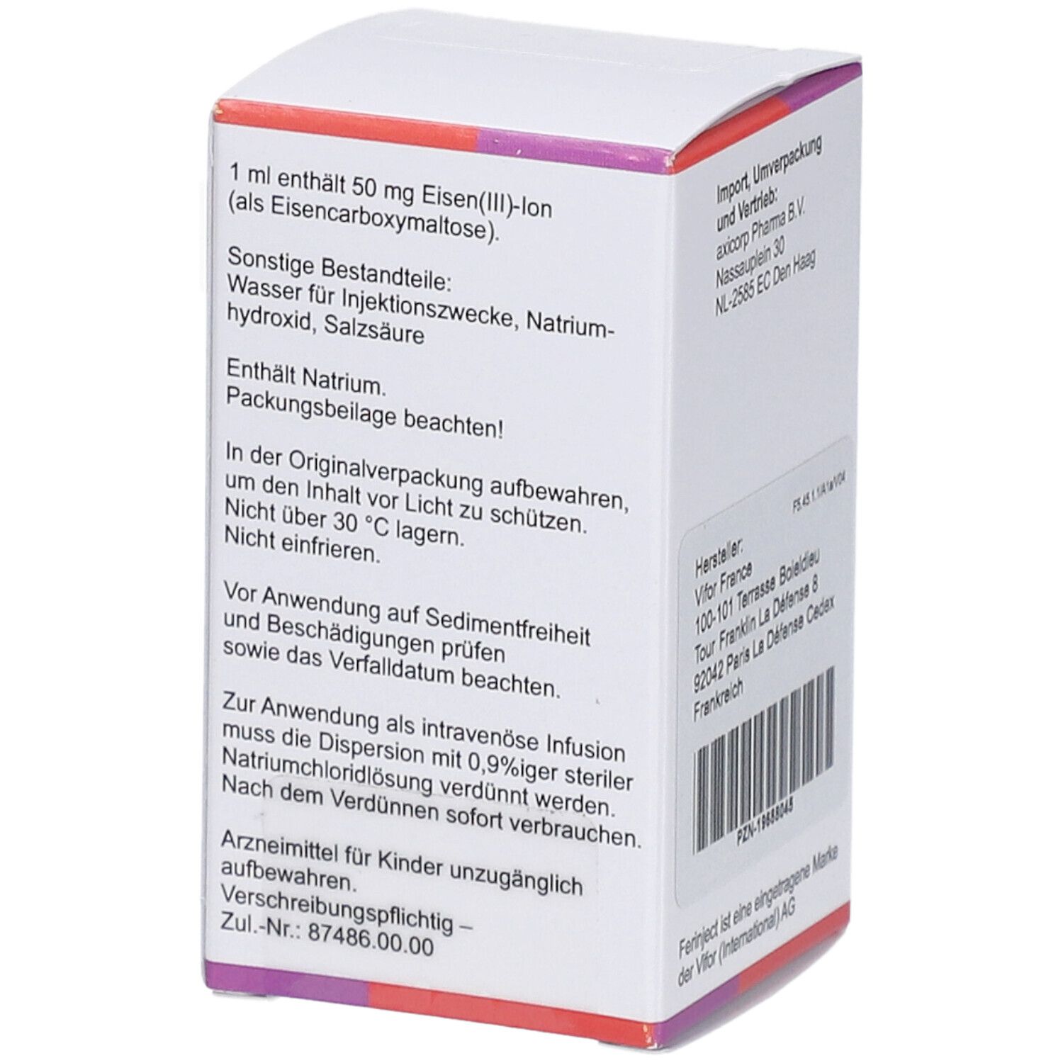 Karton von Ferinject. Seite mit Inhaltsstoffen und Anwendungshinweisen. Enthält Natrium. Zul.-Nr.: 87486.00.00.