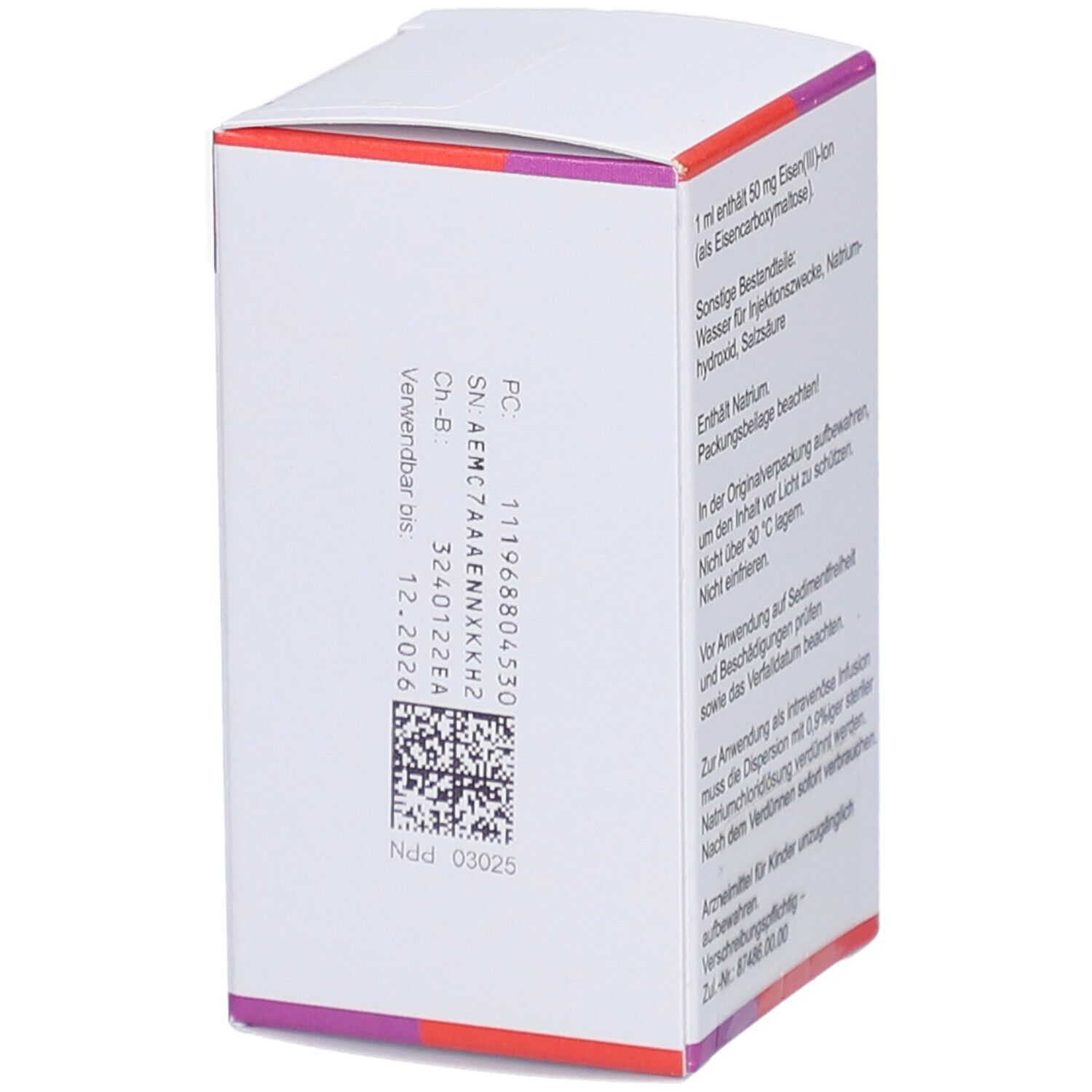 Karton von Ferinject. Seite mit Verfallsdatum und Chargennummer. Barcode und weitere Codes.