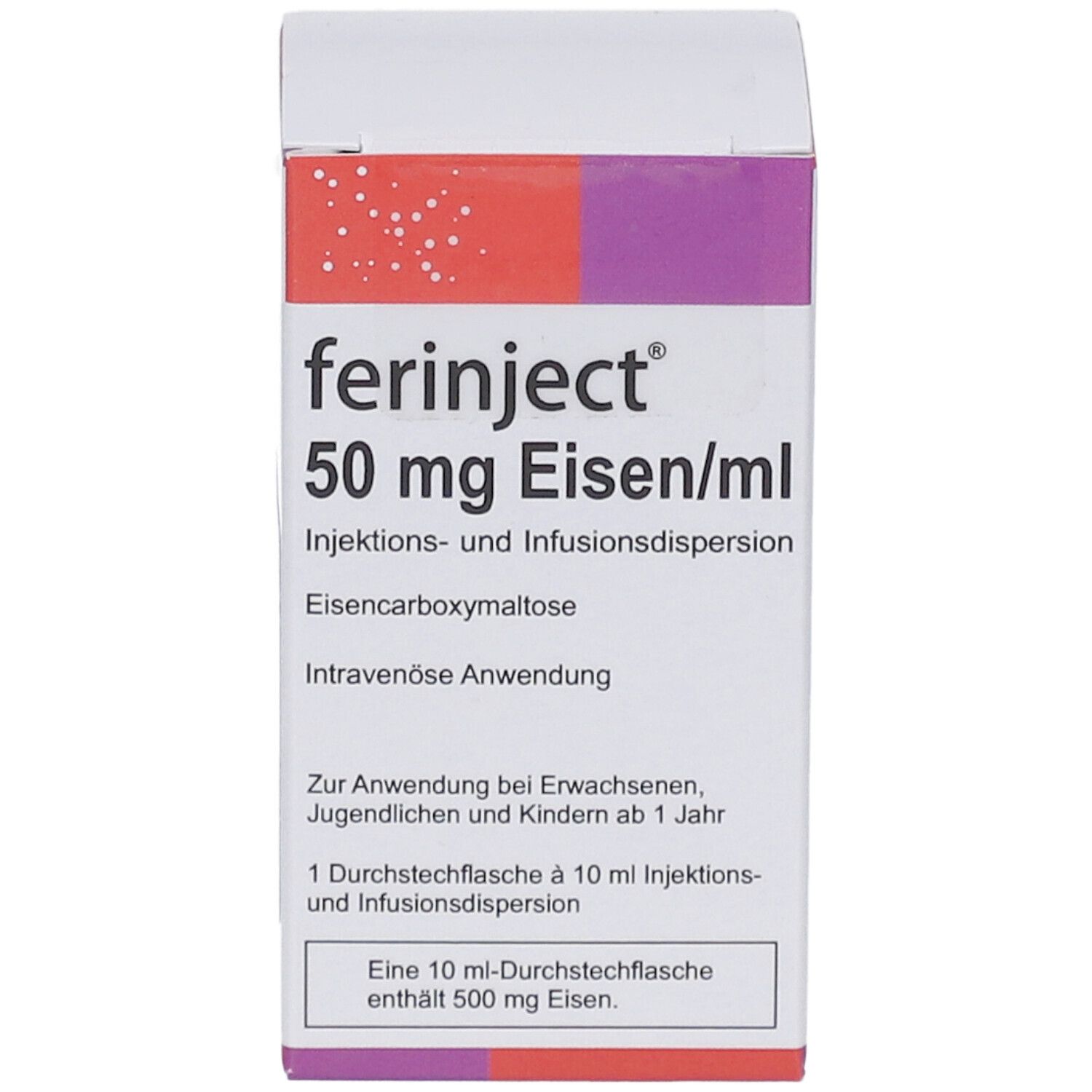 Karton von Ferinject 50 mg Eisen/ml. Aufschrift: Injektions- und Infusionsdispersion. Enthält Eisen. Für intravenöse Anwendung.