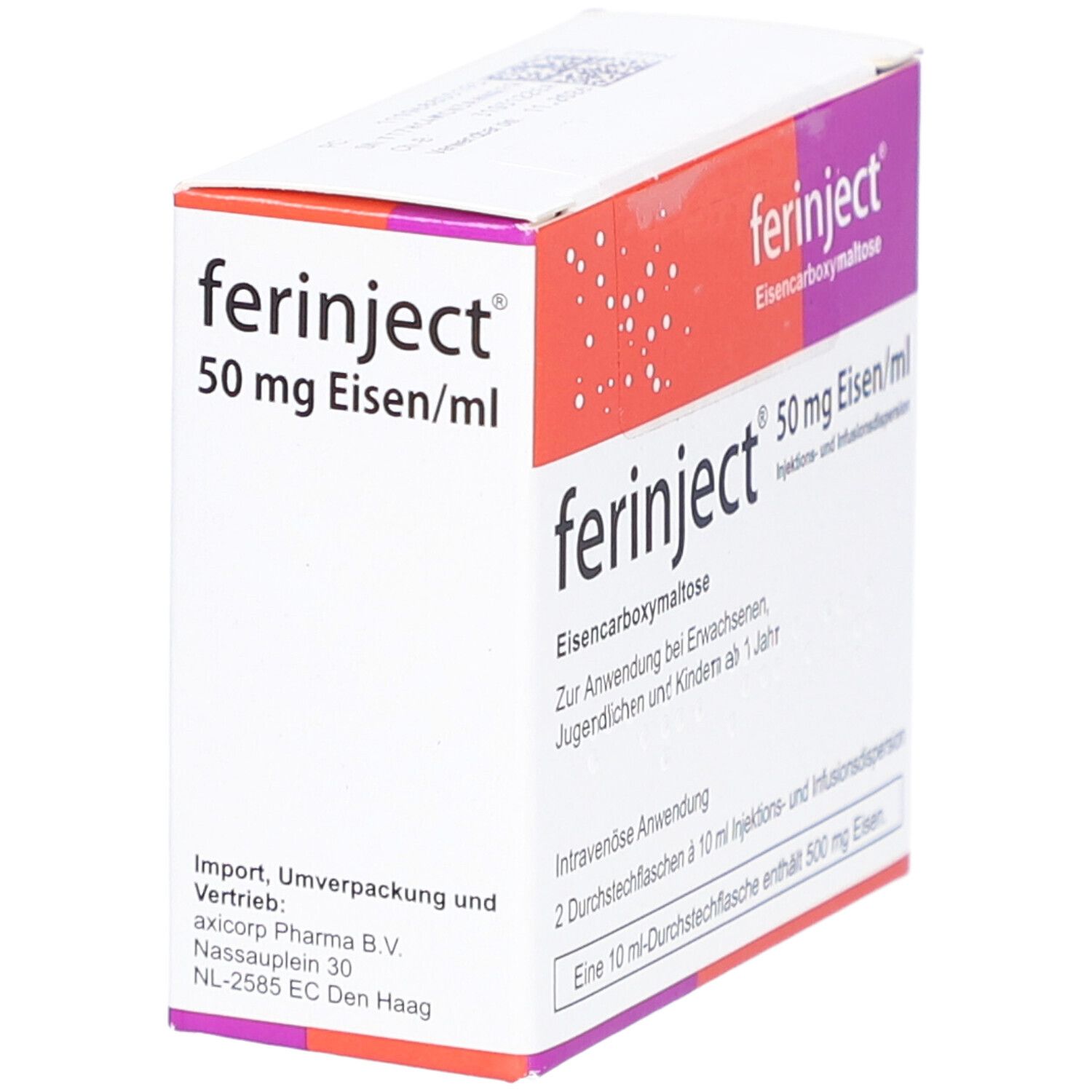 Karton von Ferinject. Aufschrift: 50 mg Eisen/ml. Enthält Eisen-Carboxymaltose. Für Erwachsene, Jugendliche und Kinder ab 1 Jahr.