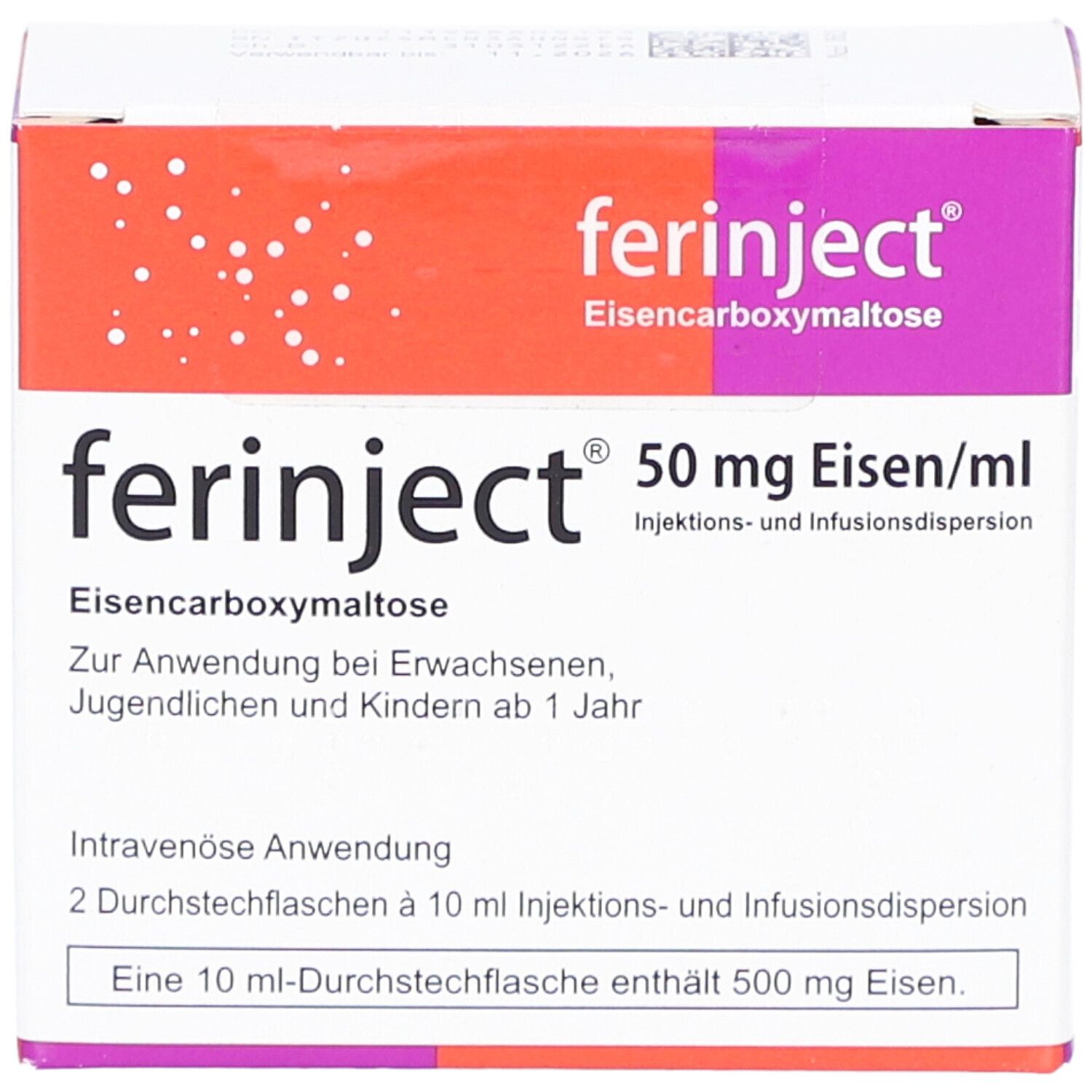 Karton von Ferinject. Aufschrift: 50 mg Eisen/ml. Enthält Eisen-Carboxymaltose. Für Erwachsene, Jugendliche und Kinder ab 1 Jahr.
