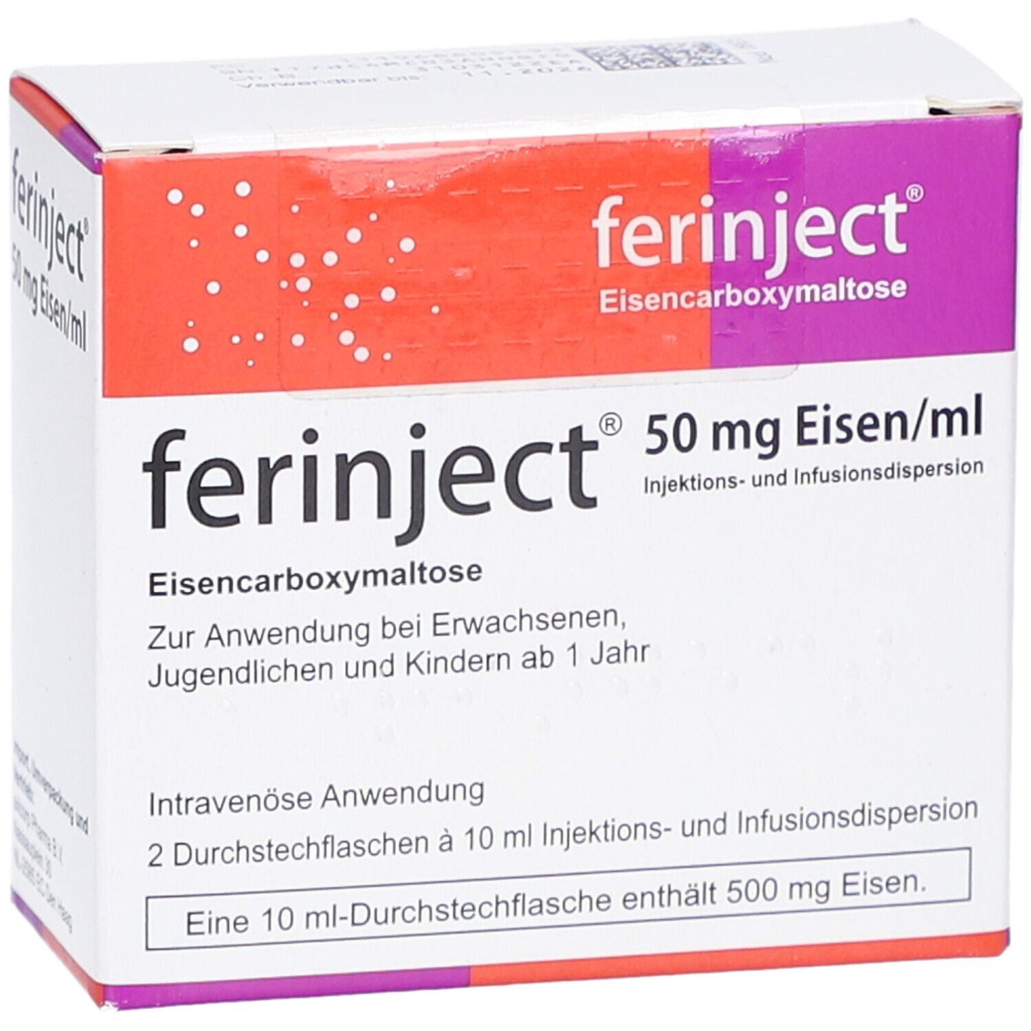 Karton von Ferinject. Aufschrift: 50 mg Eisen/ml. Enthält Eisen-Carboxymaltose. Für Erwachsene, Jugendliche und Kinder ab 1 Jahr.