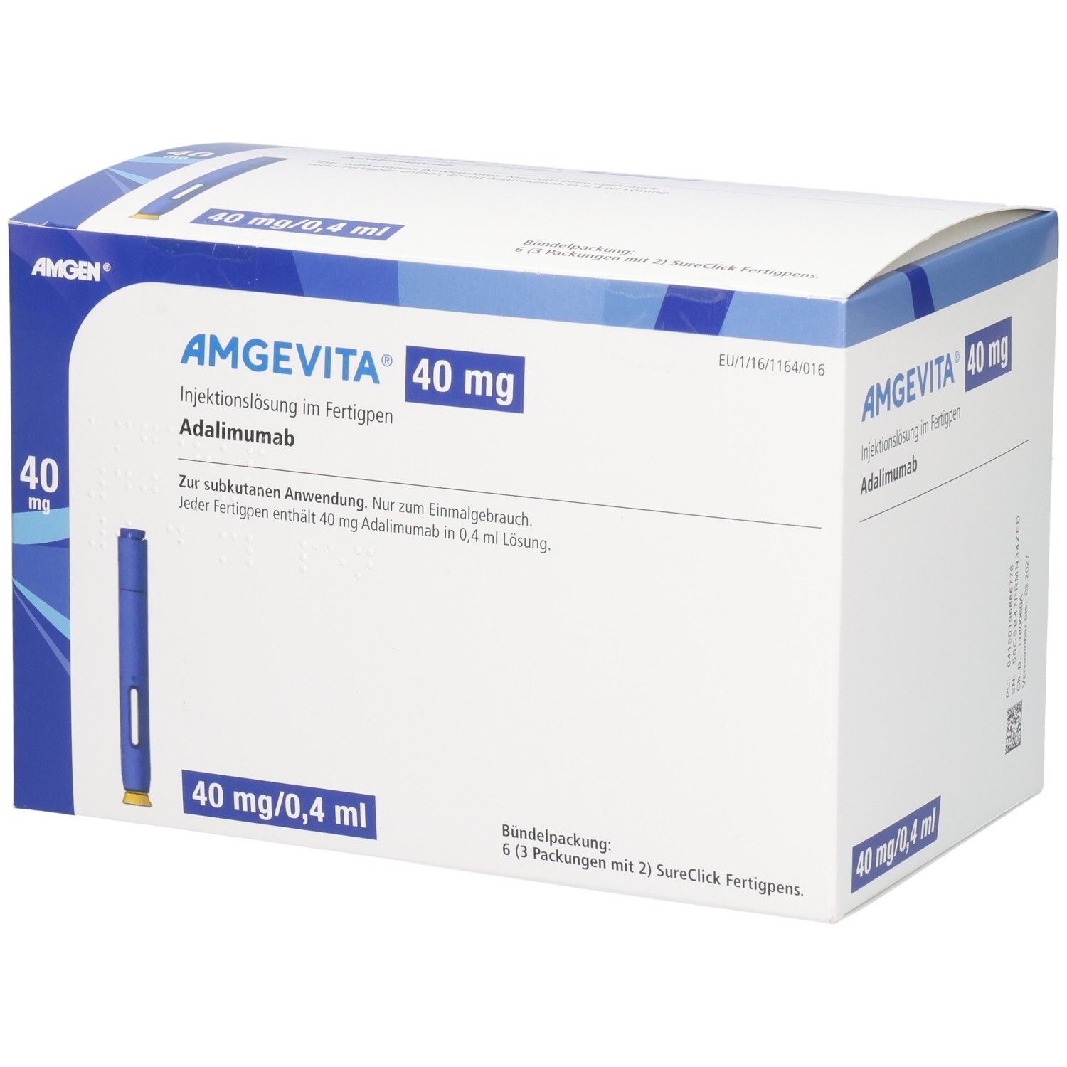 Karton AMGEVITA 40 mg Injektionslösung im Fertigpen. Enthält 6 Fertigpens. Blaue und weiße Verpackung mit Produktinformationen.