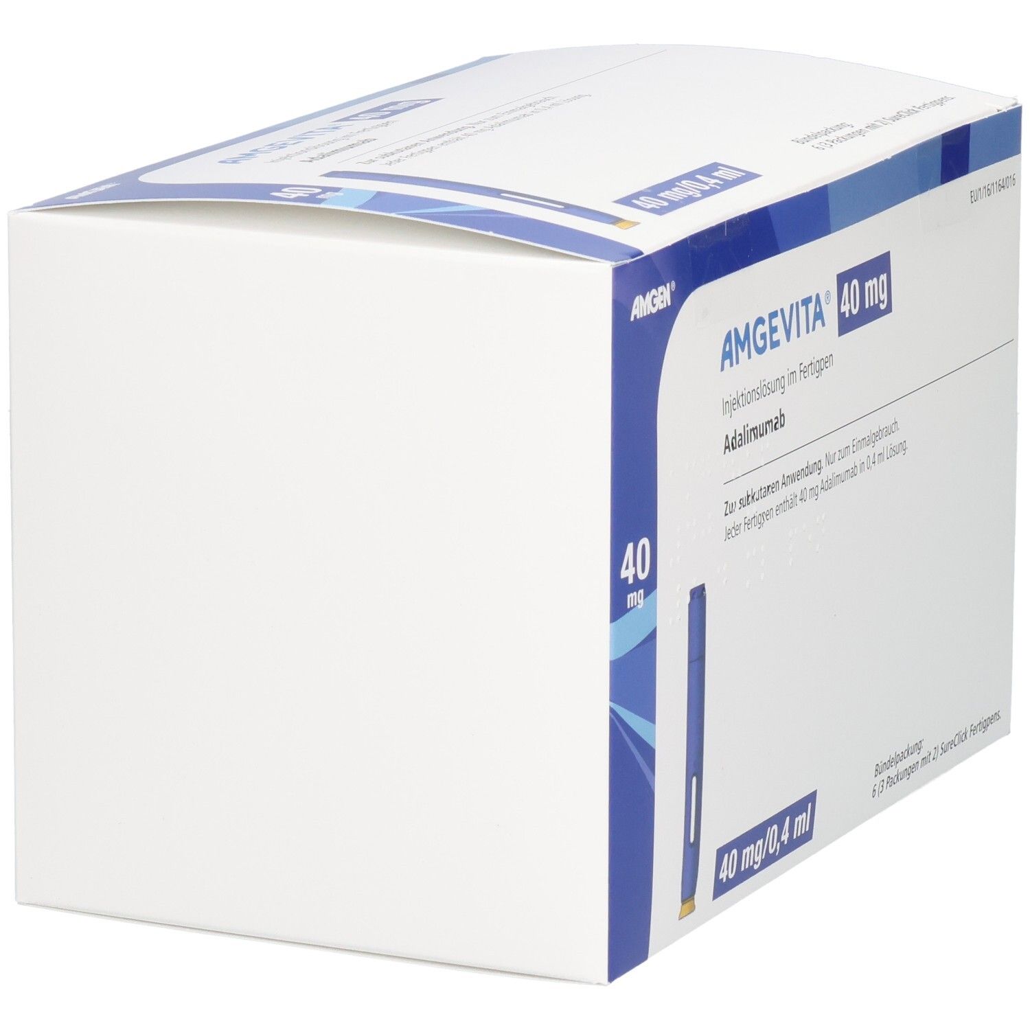 Weiße Verpackung von AMGEVITA 40 mg. Blaue Akzente. Produktname und Informationen auf der Verpackung.