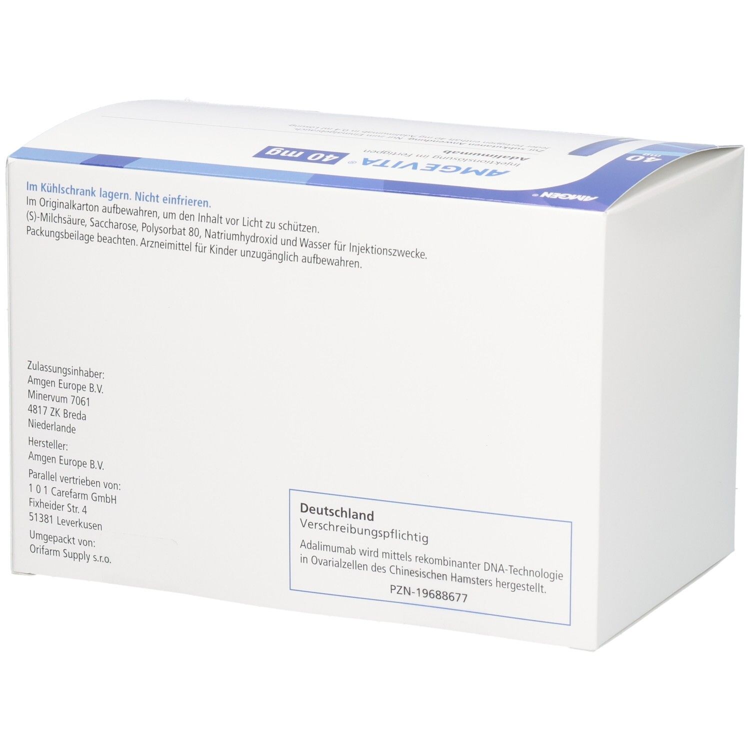 Rückseite der AMGEVITA 40 mg Verpackung. Enthält Informationen wie Hersteller, Zulassung und Inhaltsstoffe.