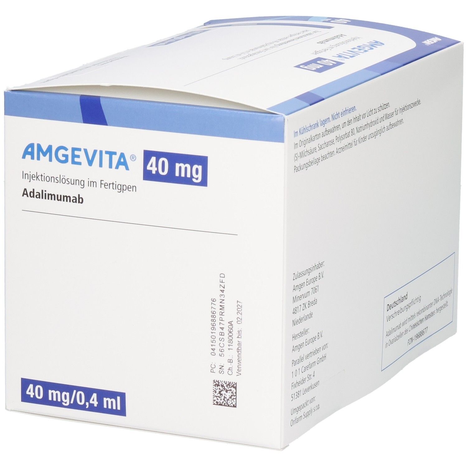 AMGEVITA 40 mg Verpackung. Produktname und Informationen auf weißem Hintergrund mit blauen Akzenten.