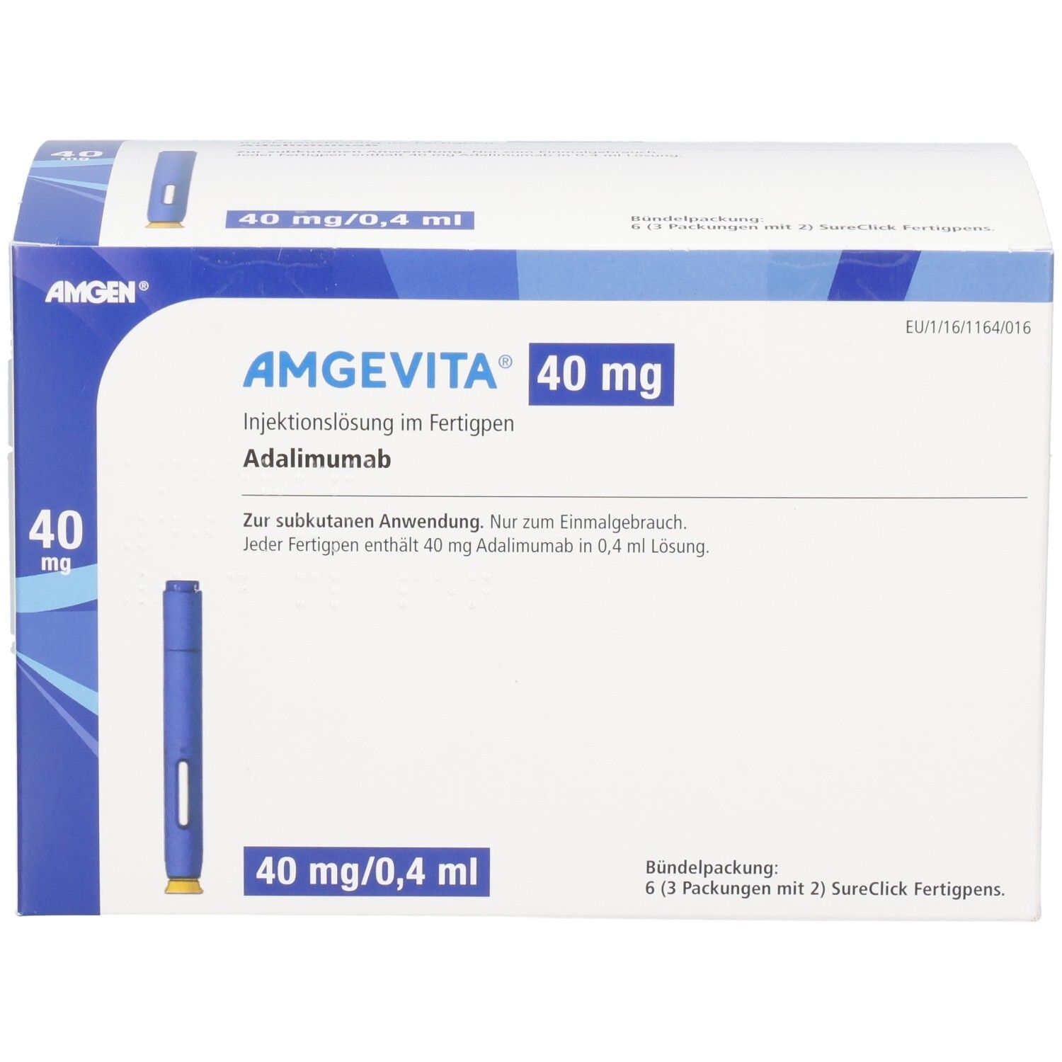 AMGEVITA 40 mg Verpackung. Enthält 6 Fertigpens. Blaue und weiße Verpackung mit Produktinformationen.