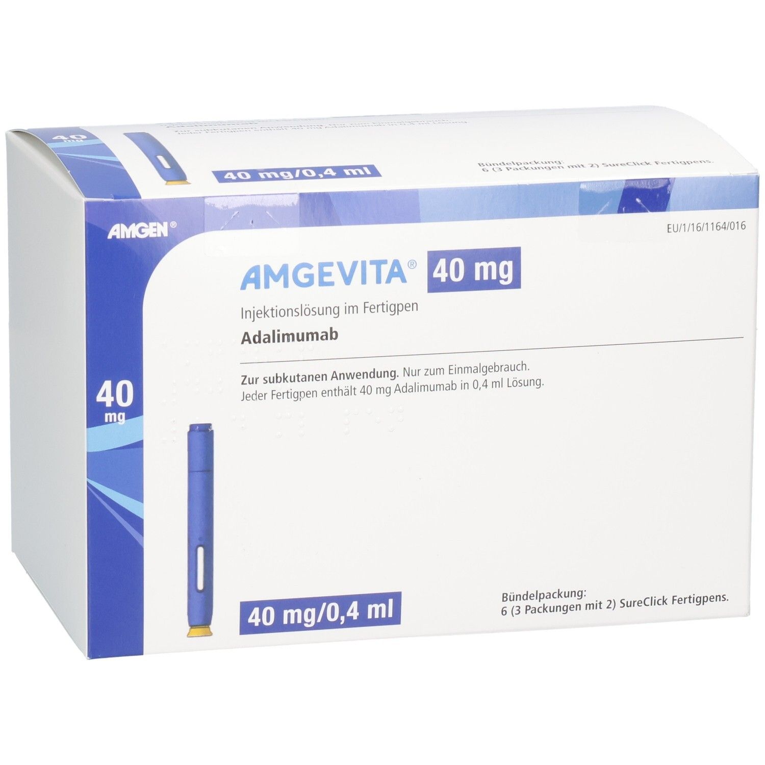 AMGEVITA 40 mg Verpackung. Enthält 6 Fertigpens. Blaue und weiße Verpackung mit Produktinformationen.