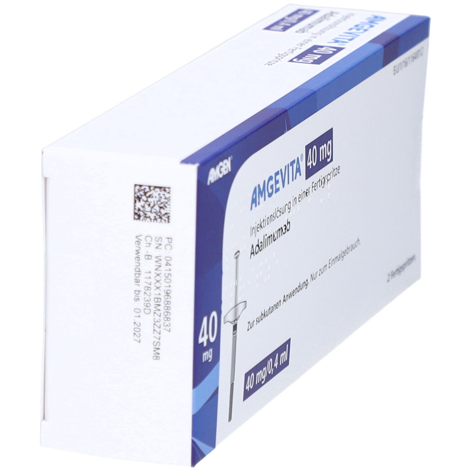 Schachtel AMGEVITA 40 mg. Weiße Verpackung mit blauen Akzenten. Produktname und Dosierung sind deutlich sichtbar.