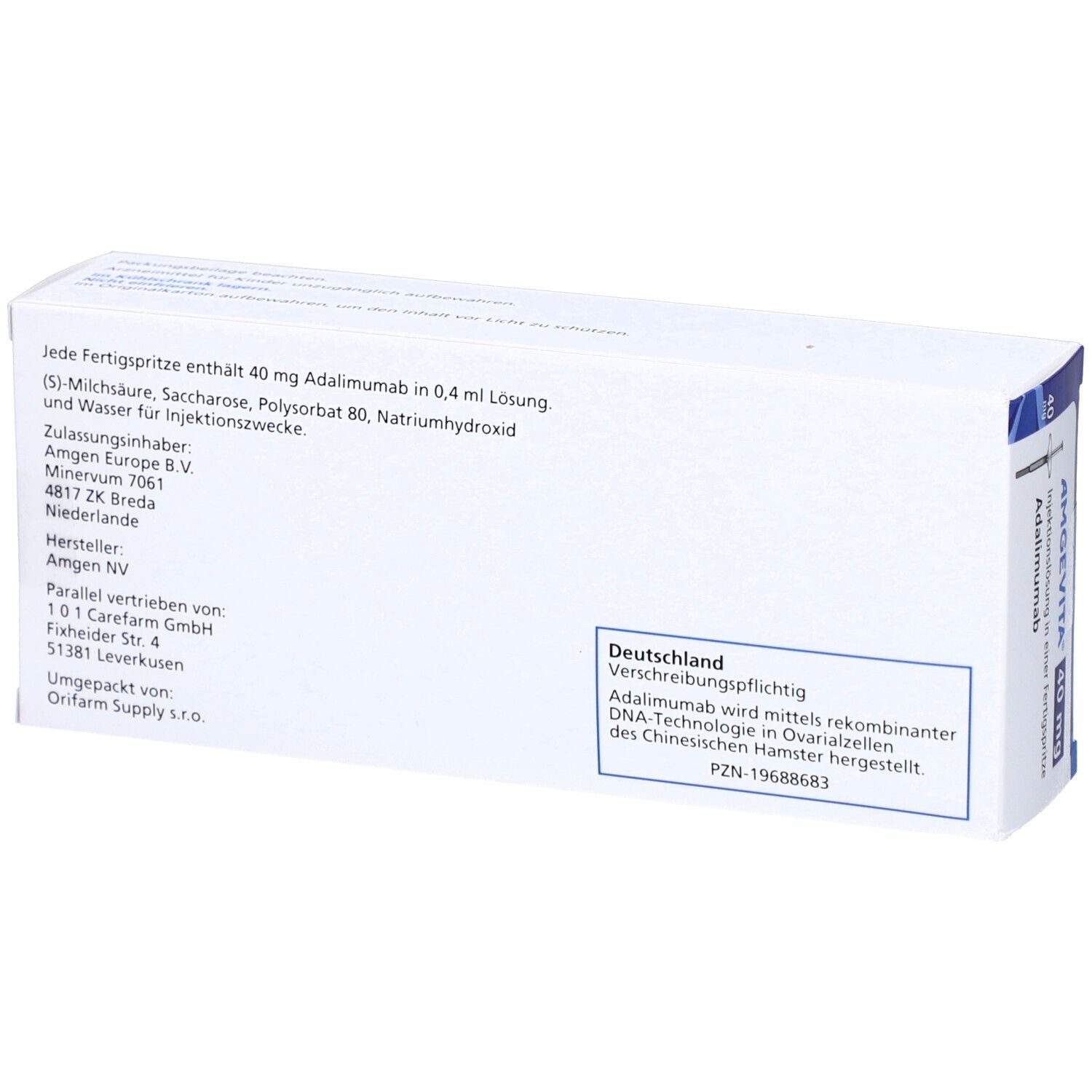 Rückseite der AMGEVITA 40 mg Verpackung. Enthält Informationen zu Inhaltsstoffen, Hersteller und Vertrieb.