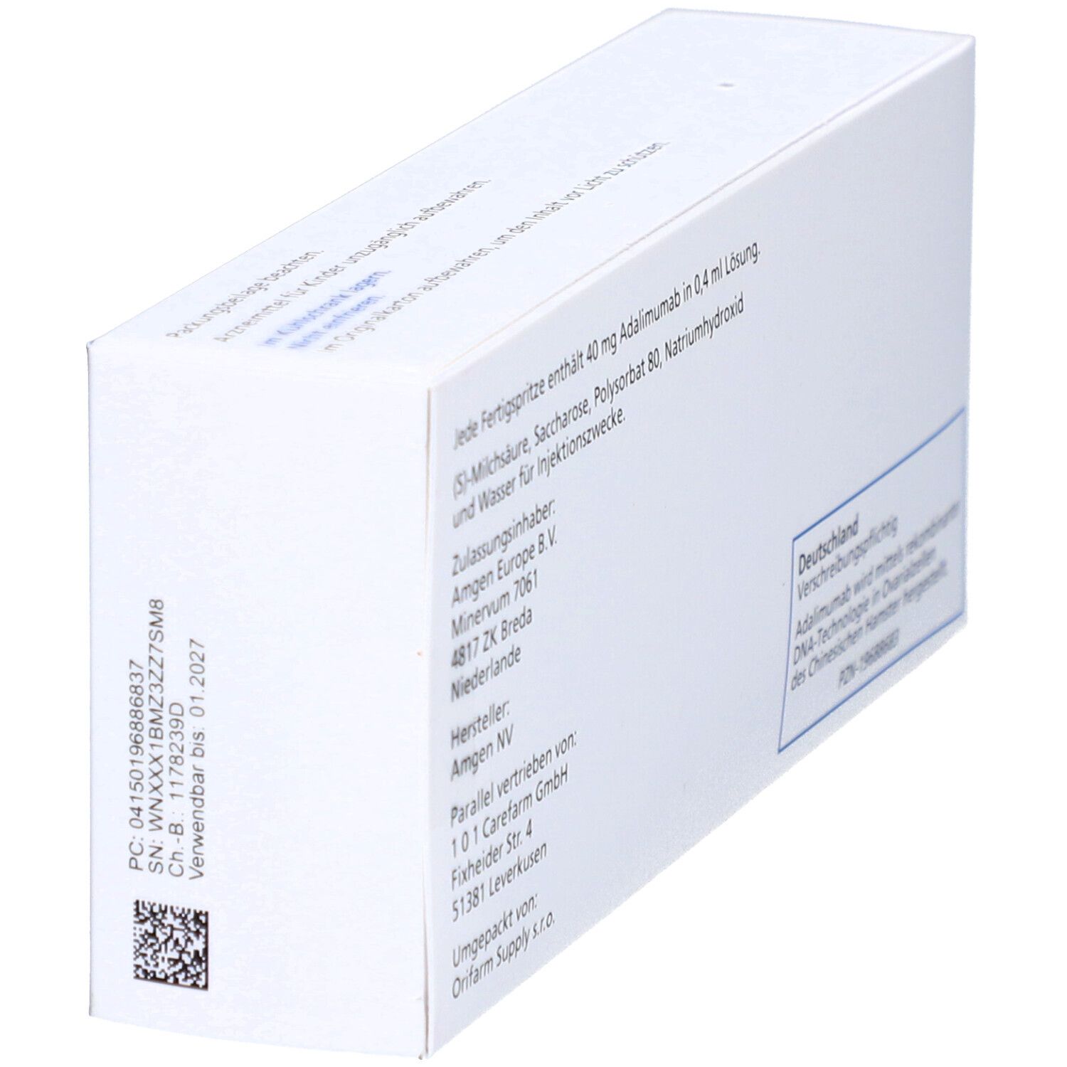 Rückseite der AMGEVITA 40 mg Verpackung. Enthält Informationen zu Inhaltsstoffen, Hersteller und Vertrieb.