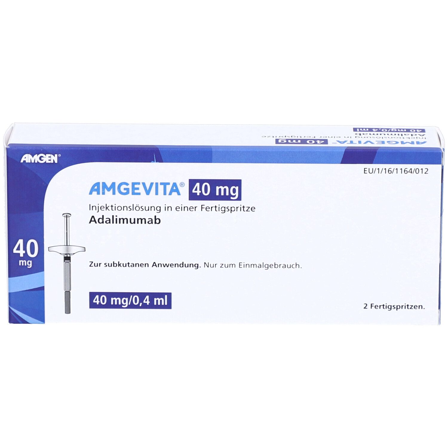 Schachtel AMGEVITA 40 mg. Weiße Verpackung mit blauen Akzenten. Produktname und Dosierung deutlich sichtbar.