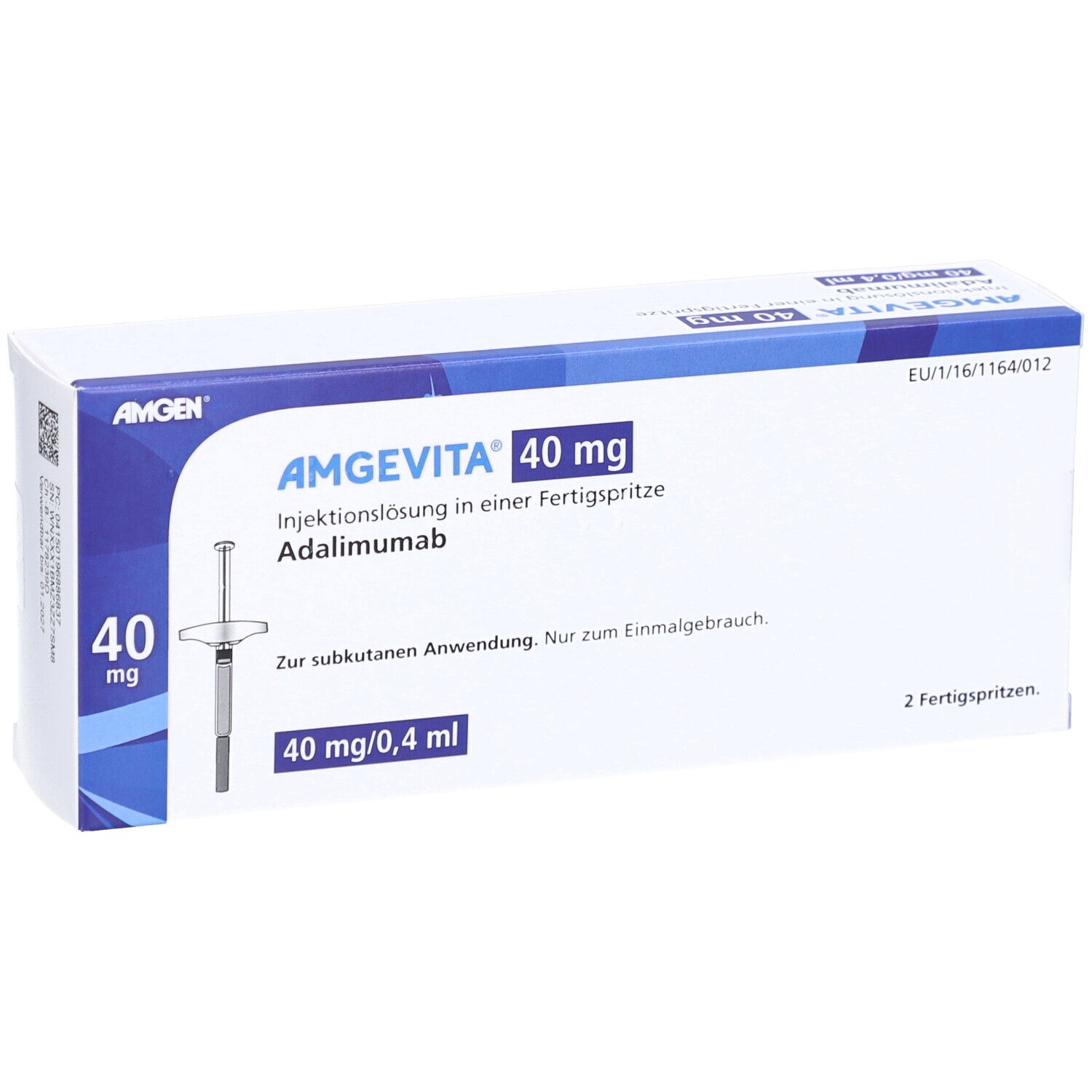 Schachtel AMGEVITA 40 mg. Weiße Verpackung mit blauen Akzenten. Produktname und Dosierung deutlich sichtbar.