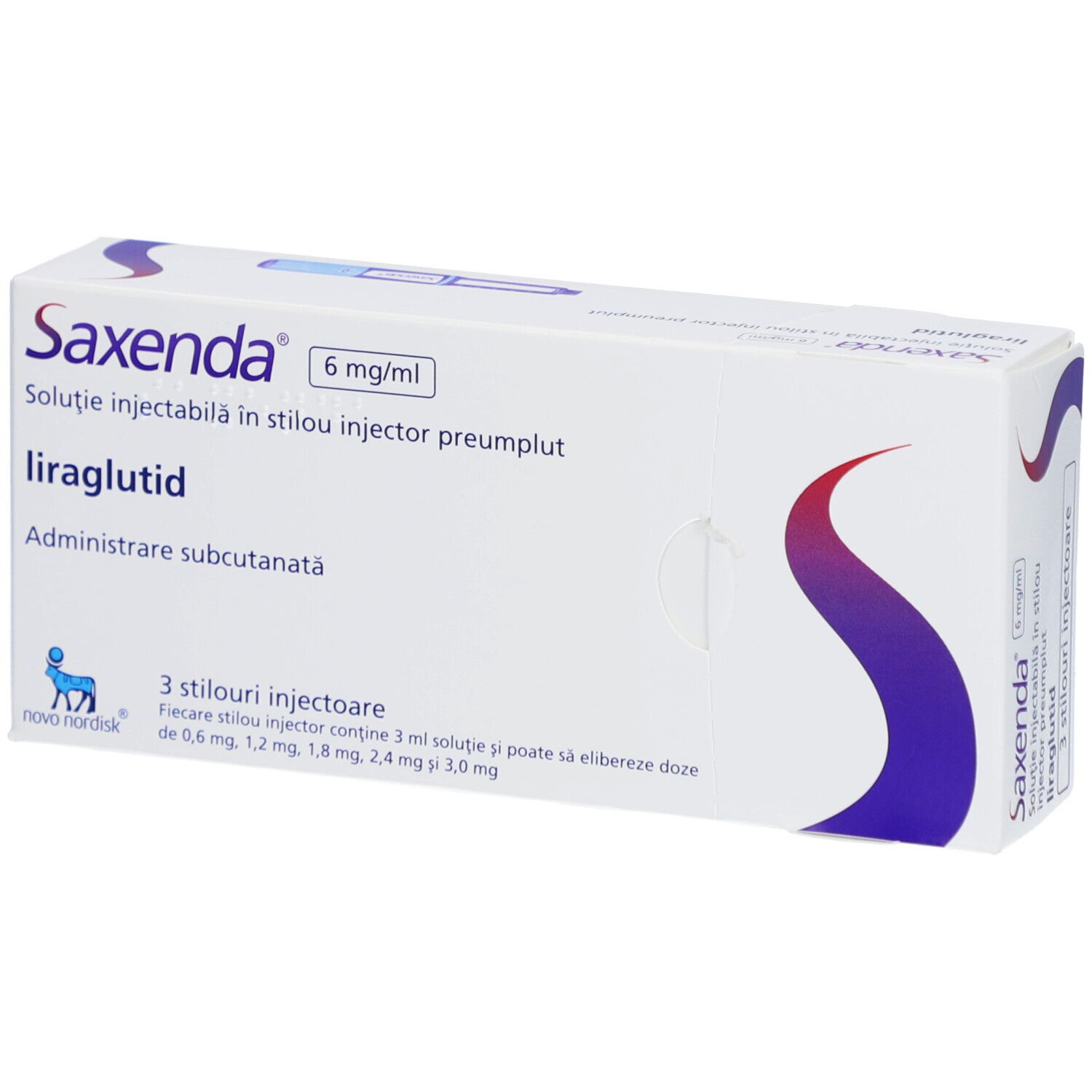 Weiße Schachtel mit Saxenda-Logo und Produktinformationen. Enthält 3 Injektionsstifte.