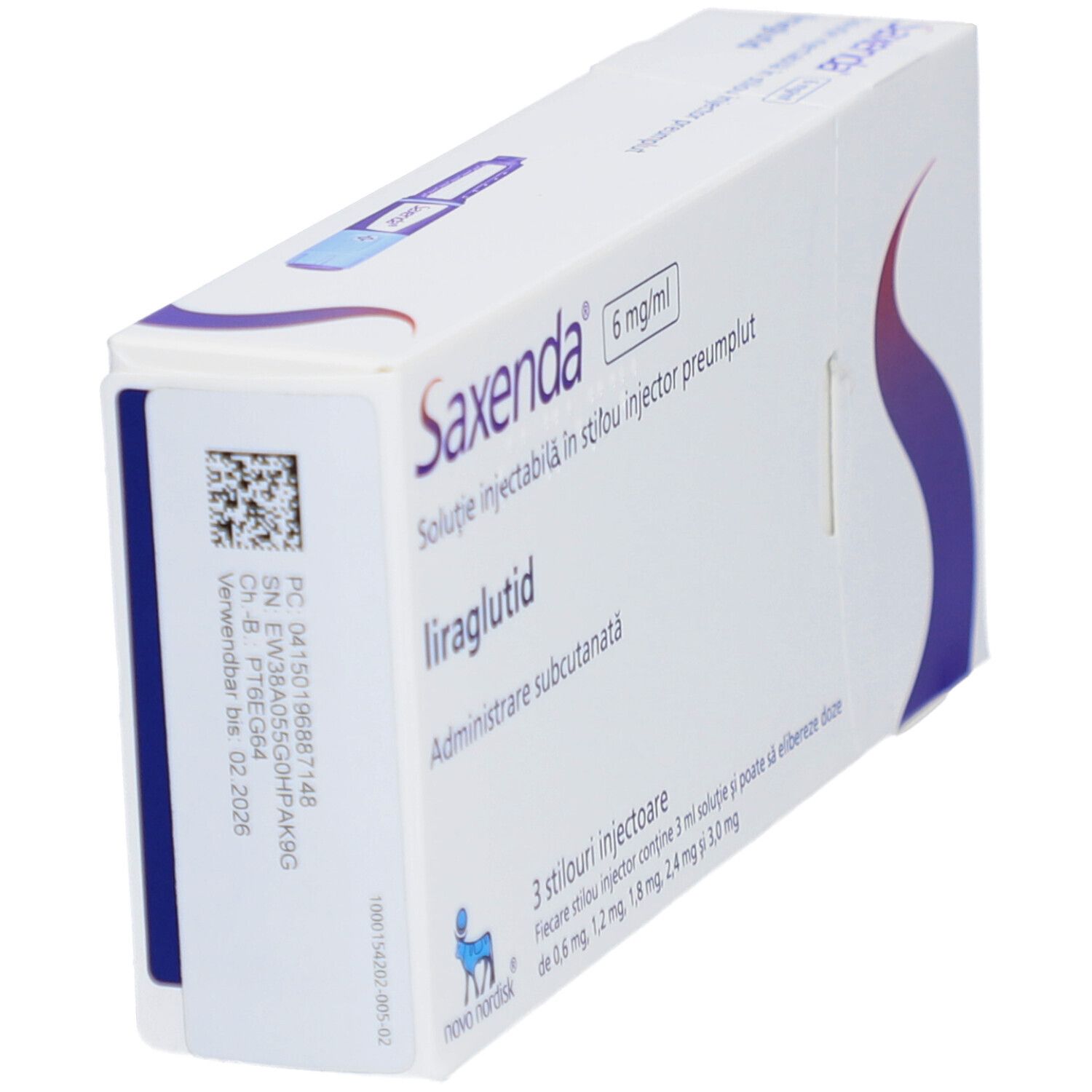 Weiße Schachtel mit Saxenda-Logo und Produktinformationen. Barcode und weitere Details.