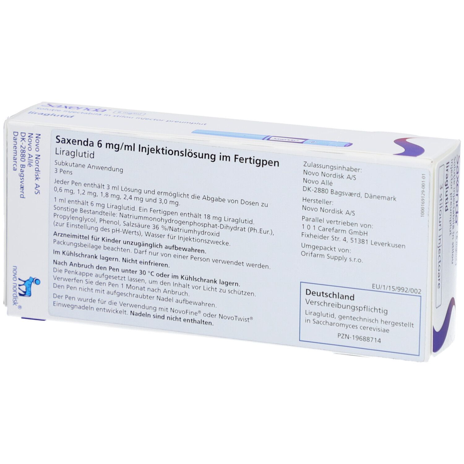 Rückseite der Saxenda-Verpackung mit Produktinformationen und Herstellerangaben.