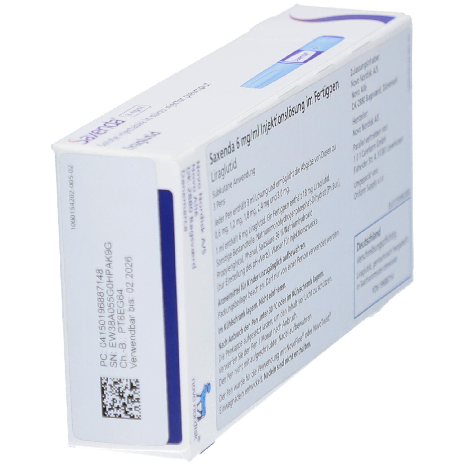 Schachtel mit Saxenda-Logo und Produktinformationen. Ansicht der Rückseite.