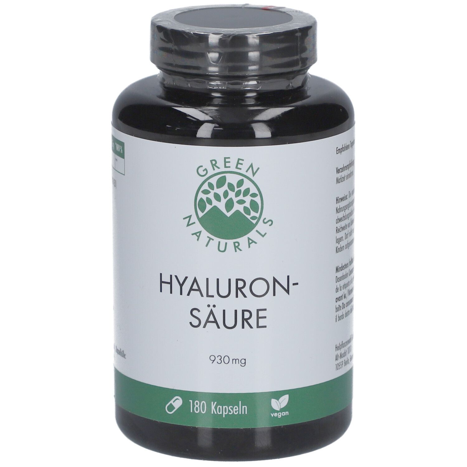 Schwarze Flasche mit grünem Etikett. Aufschrift: GREEN NATURALS Hyaluronsäure 930mg, 180 Kapseln, vegan.