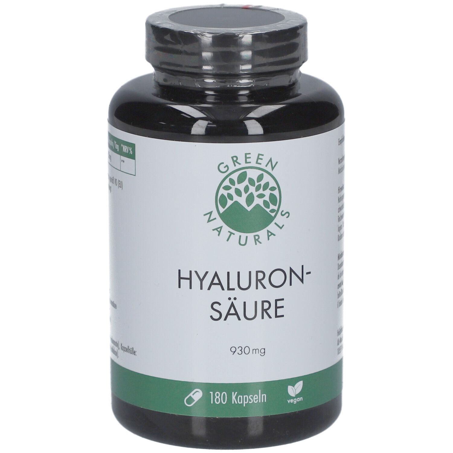 Schwarze Flasche mit grünem Etikett. Aufschrift: GREEN NATURALS Hyaluronsäure 930mg, 180 Kapseln, vegan.