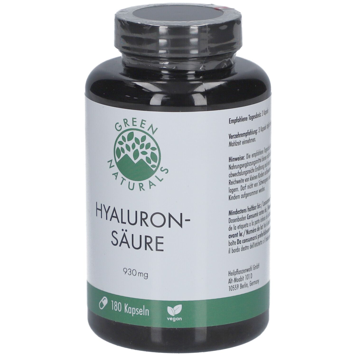 Schwarze Flasche mit grünem Etikett. Aufschrift: GREEN NATURALS Hyaluronsäure 930mg, 180 Kapseln, vegan.