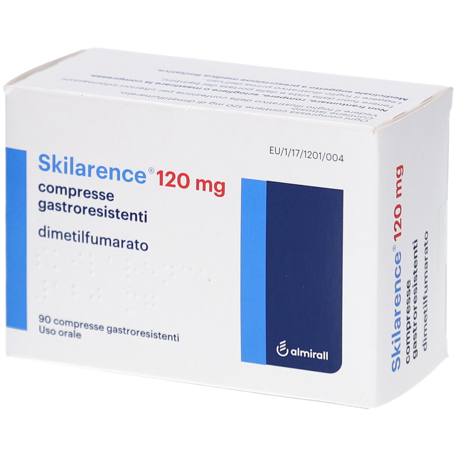 Schachtel mit Tabletten. Aufschrift: Skilarence 120 mg, magensaftresistente Tabletten. 90 Tabletten. Dimethylfumarat.