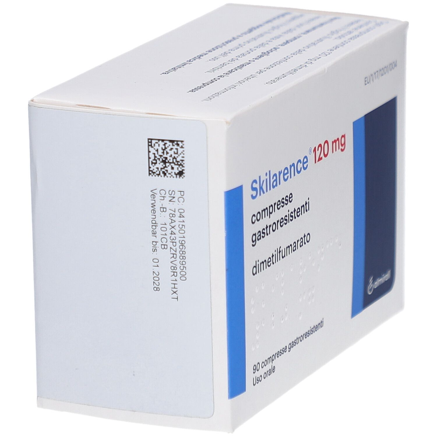 Schachtel mit Tabletten. Aufschrift: Skilarence 120 mg, compresse gastroresistenti. Dimetilfumarato. Barcode.