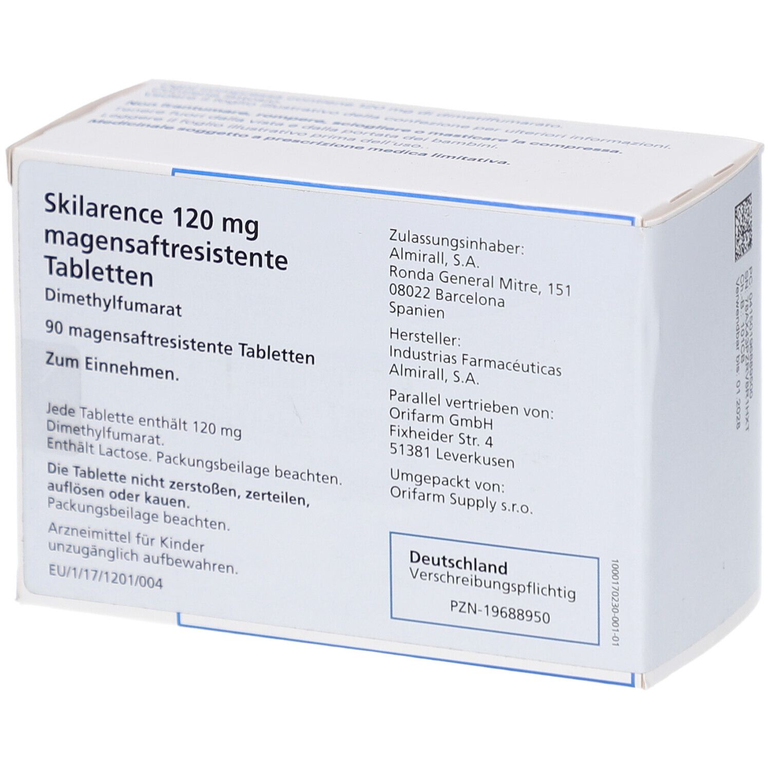 Schachtel mit Tabletten. Aufschrift: Skilarence 120 mg, magensaftresistente Tabletten. Dimethylfumarat. Text in Deutsch.