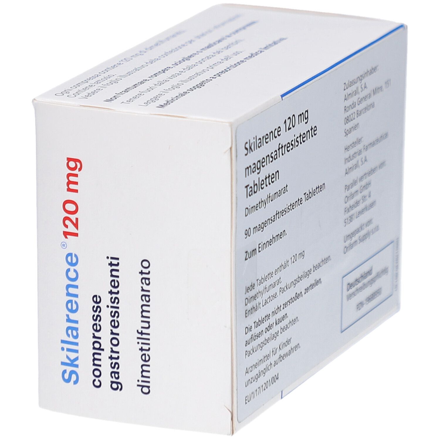 Schachtel mit Tabletten. Aufschrift: Skilarence 120 mg, magensaftresistente Tabletten. Dimethylfumarat. Text in Deutsch.