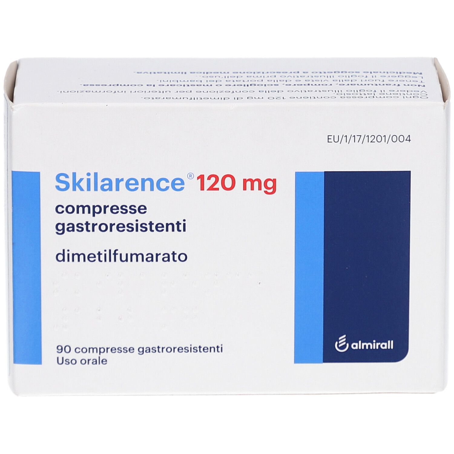 Schachtel mit Tabletten. Aufschrift: Skilarence 120 mg, compresse gastroresistenti. Dimetilfumarato. 90 Tabletten.