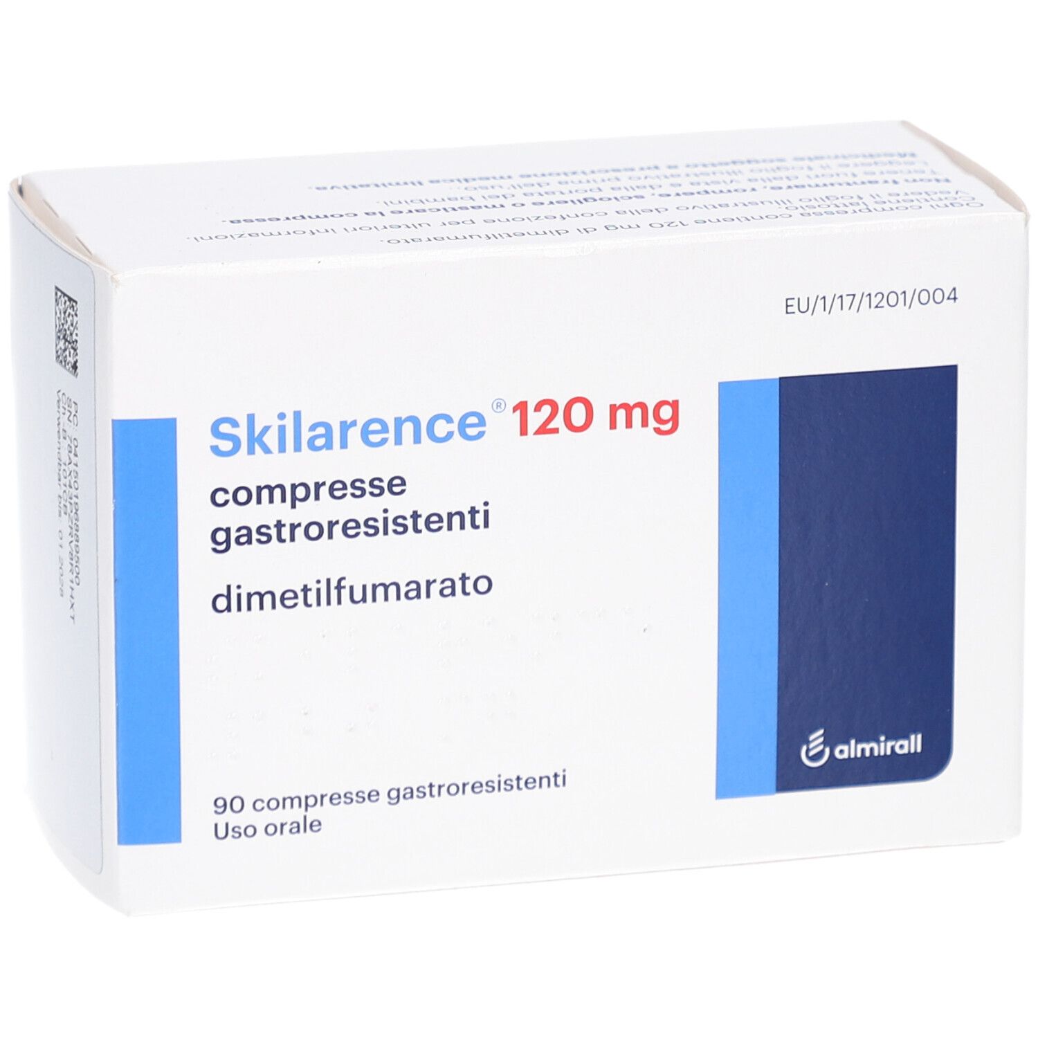 Schachtel mit Tabletten. Aufschrift: Skilarence 120 mg, compresse gastroresistenti. Dimetilfumarato. 90 Tabletten.