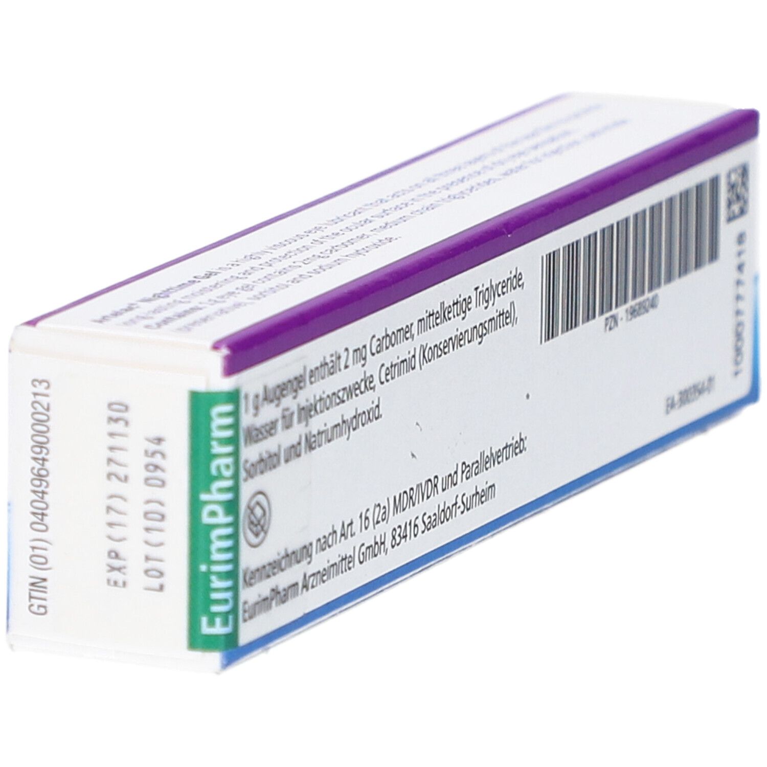 Rückseite der Schachtel. Text: 1 g Augengel enthält 2 mg Carbomer, mittelkettige Triglyceride, Wasser für Injektionszwecke, Cetrimid, Sorbitol, Natriumhydroxid.