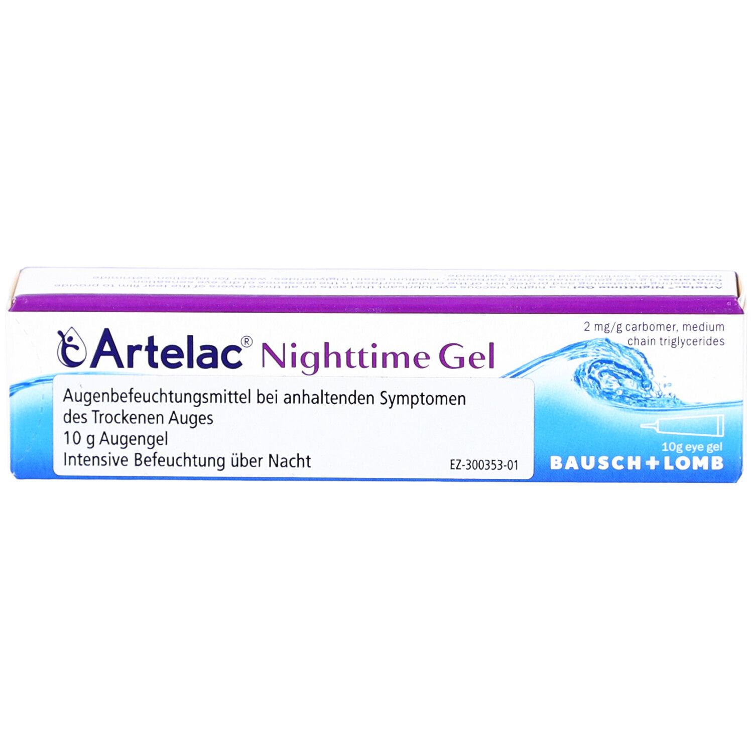 Schachtel mit ARTELAC Nighttime Gel. Text: Augenbefeuchtungsmittel, 10 g Augengel, Intensive Befeuchtung über Nacht. Logo Bausch + Lomb.