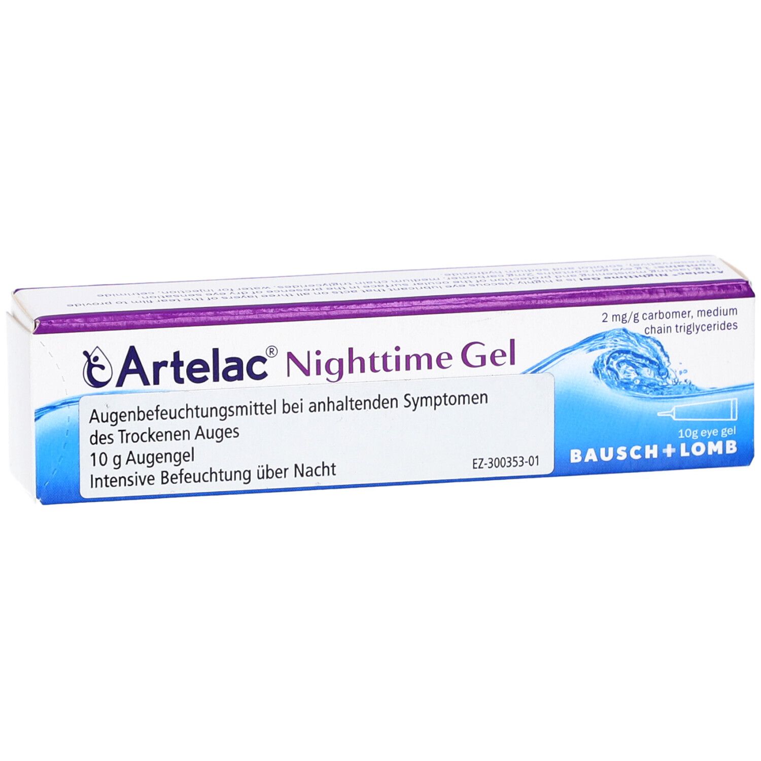 Schachtel mit ARTELAC Nighttime Gel. Text: Augenbefeuchtungsmittel, 10 g Augengel, Intensive Befeuchtung über Nacht. Logo Bausch + Lomb.