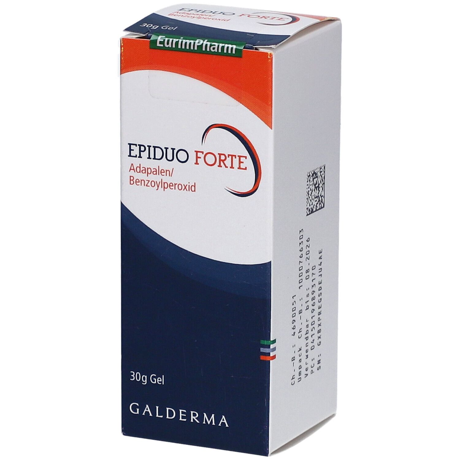 Karton mit EPIDUO FORTE Gel. Enthält Adapalene und Benzoylperoxid. 30g Gel. Galderma Logo. EurimPharm Logo.