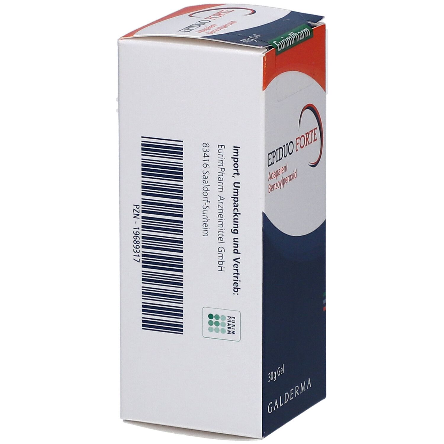 Karton von EPIDUO FORTE Gel. Rückseite mit Barcode und Herstellerinformationen. Galderma Logo. EurimPharm Logo.