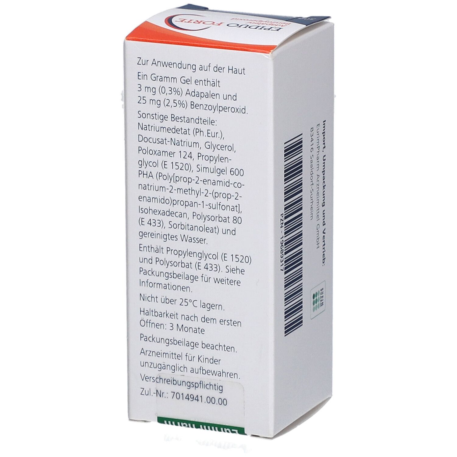 Karton von EPIDUO FORTE Gel. Seite mit Inhaltsstoffangaben und Anwendungshinweisen. Galderma Logo. EurimPharm Logo.