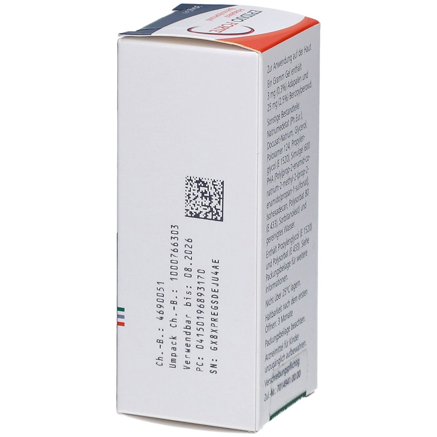 Karton von EPIDUO FORTE Gel. Seite mit Chargennummer und Verfallsdatum. Galderma Logo. EurimPharm Logo.