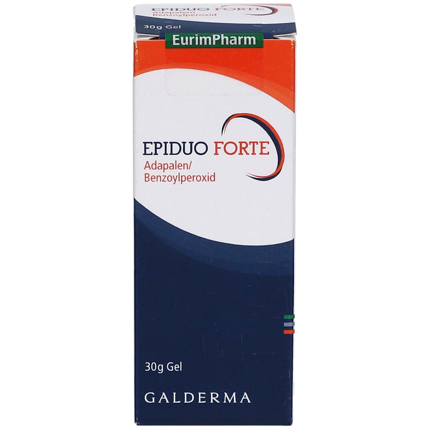 Karton von EPIDUO FORTE Gel. Vorderansicht. Enthält Adapalene und Benzoylperoxid. 30g Gel. Galderma Logo. EurimPharm Logo.