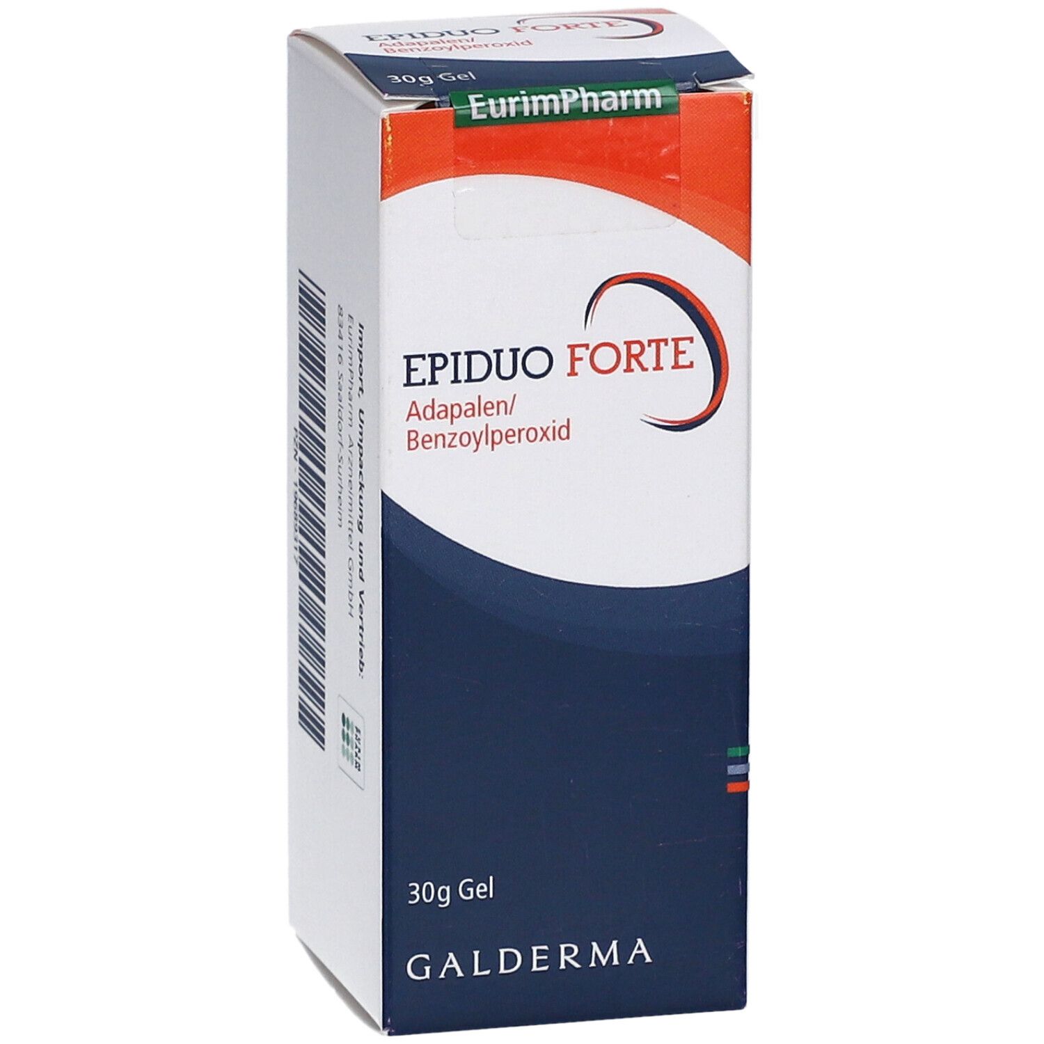 Karton von EPIDUO FORTE Gel. Vorderansicht. Enthält Adapalene und Benzoylperoxid. 30g Gel. Galderma Logo. EurimPharm Logo.