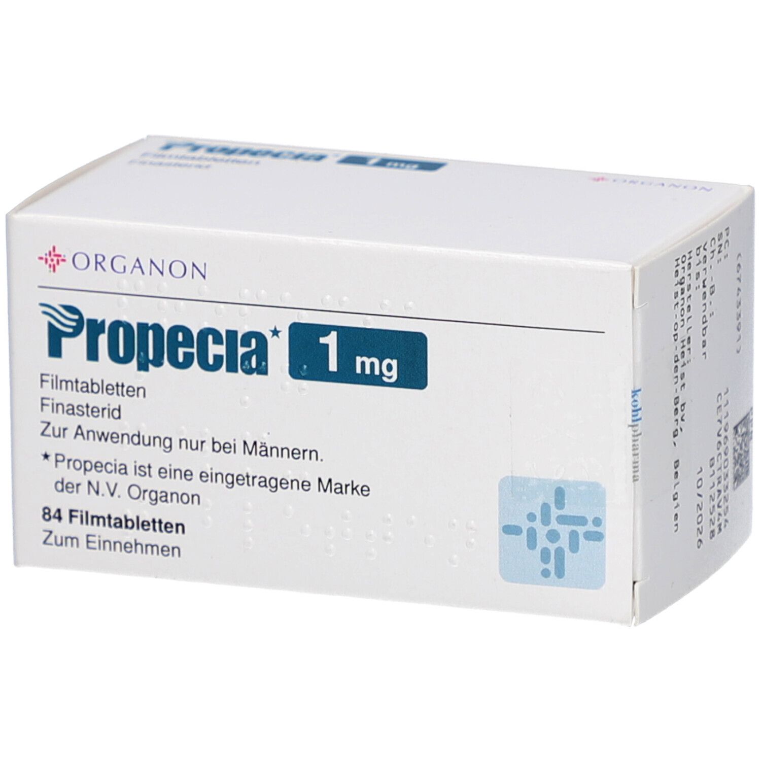 PROPECIA 1 mg Filmtabletten-Packung. Enthält 84 Tabletten. Aufschrift: Organon, Finasterid, Zur Anwendung nur bei Männern.