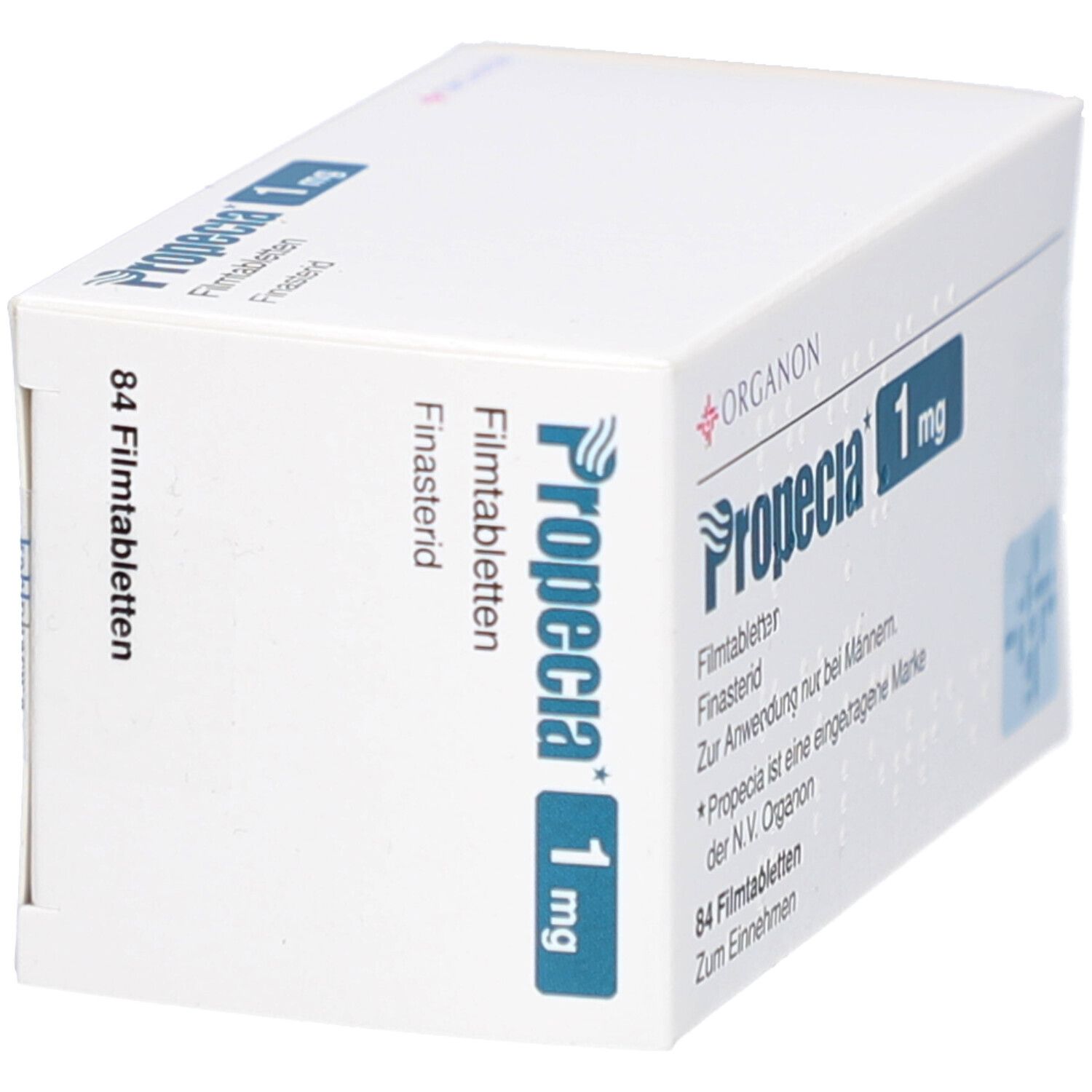 PROPECIA 1 mg Filmtabletten-Packung. Enthält 84 Tabletten. Aufschrift: Organon, Finasterid, Zur Anwendung nur bei Männern.