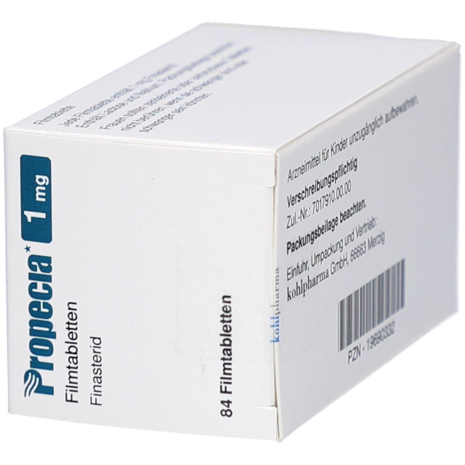 PROPECIA 1 mg Filmtabletten-Packung. Enthält 84 Tabletten. Aufschrift: Organon, Finasterid, Zur Anwendung nur bei Männern.