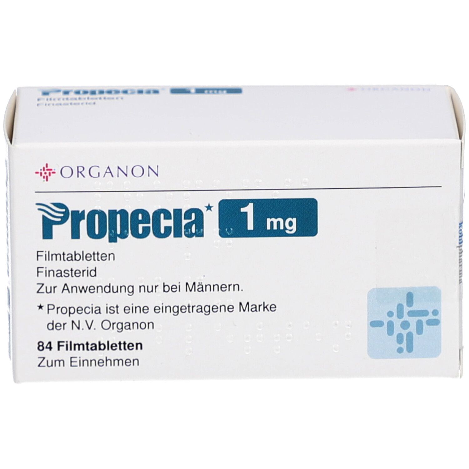 PROPECIA 1 mg Filmtabletten-Packung. Enthält 84 Tabletten. Aufschrift: Organon, Finasterid, Zur Anwendung nur bei Männern.