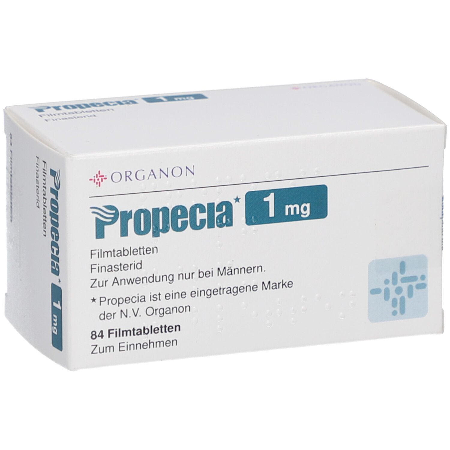 PROPECIA 1 mg Filmtabletten-Packung. Enthält 84 Tabletten. Aufschrift: Organon, Finasterid, Zur Anwendung nur bei Männern.