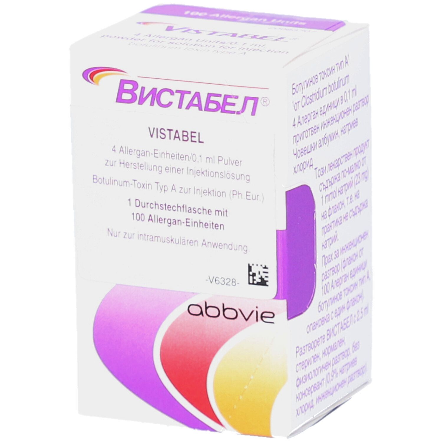 VISTABEL-Verpackung. Weißer Karton mit lila Akzenten. Logo und Produktinformationen aufgedruckt. Enthält 1 Durchstechflasche mit 100 Allergan-Einheiten.