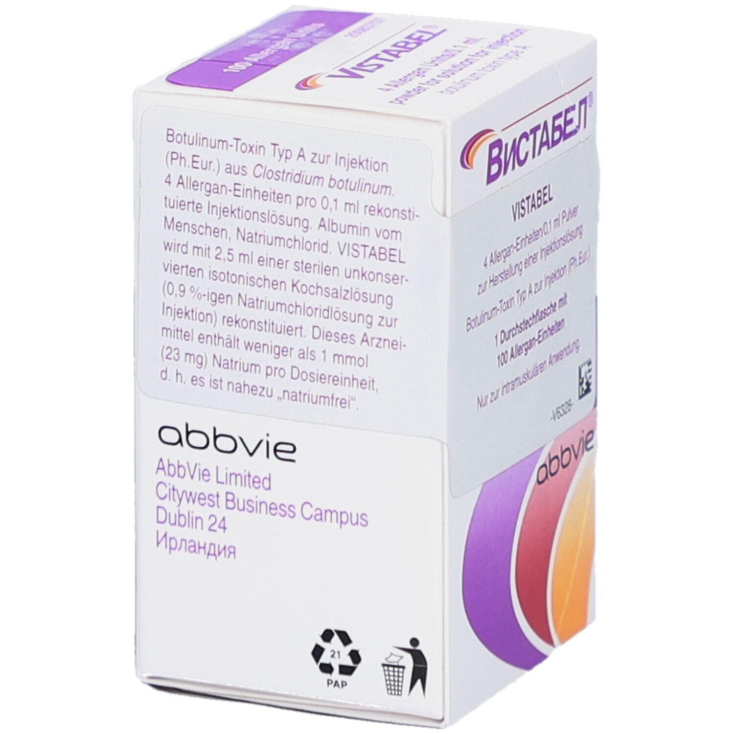 VISTABEL-Verpackung. Seitenansicht mit Text. Enthält Informationen zu Inhaltsstoffen und Hersteller. Logo 'abbvie' unten links.